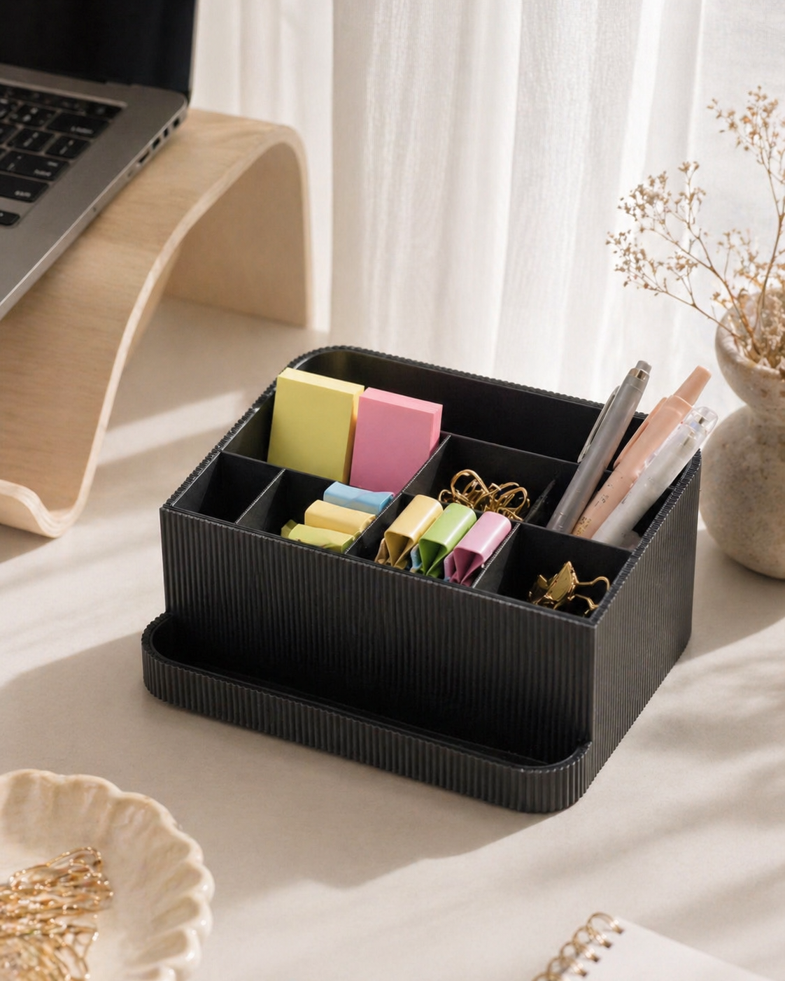 Organizator de birou cu compartimente și tăviță frontală – suport pentru accesorii office